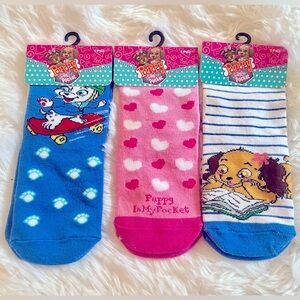NEW Set of 3 Pair of Children Socks Puppy in My Pocket Kids Size 6-8 Year Girls